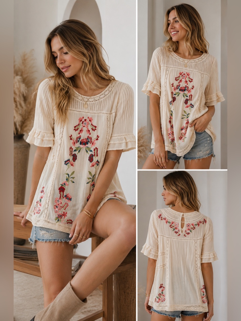 Free People Embroidered Crochet Lace Boho Tunic Blouse Ivory XS - Picture 1 of 7